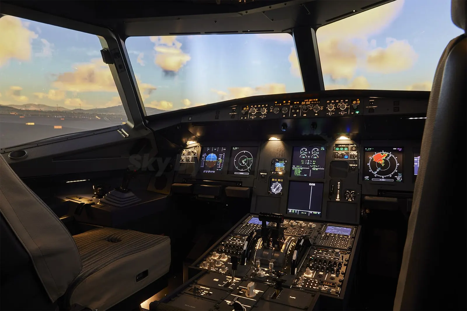 Airbus A320 FNPT II simulator: wide cockpit view