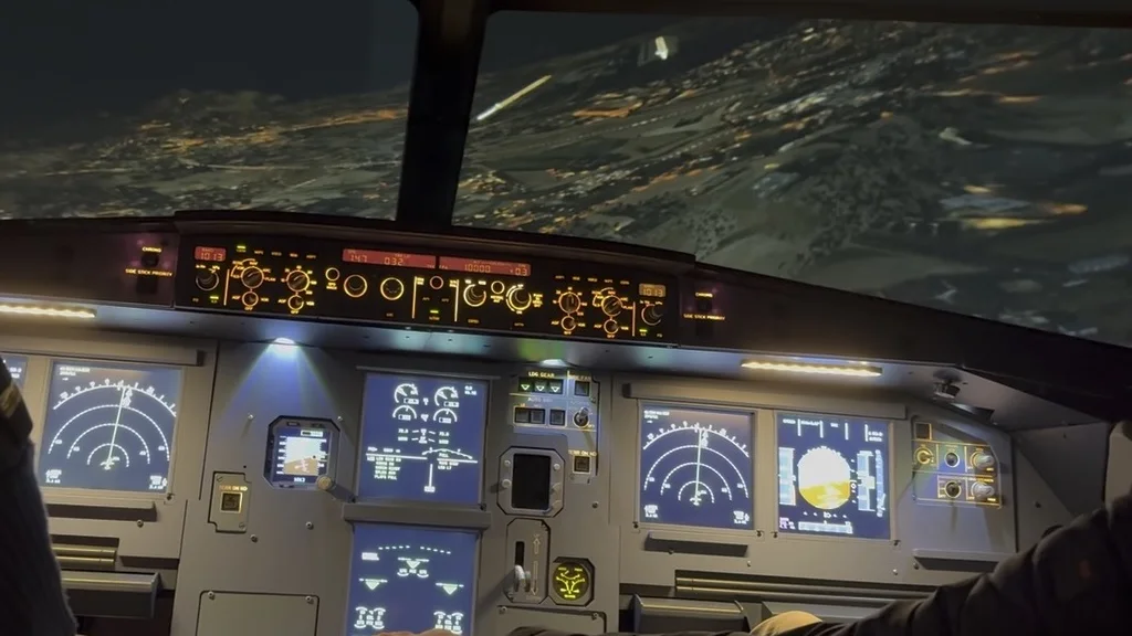 SkyDynamics A320 FNPT II flight deck at night