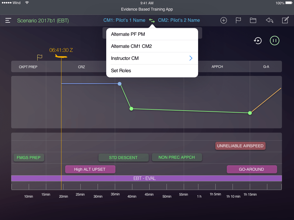 AeroEBT scenario runner interface connected to the A320 simulator