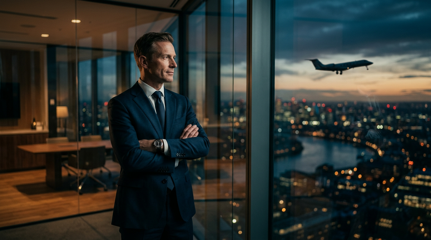 Aviation finance professional in a modern corporate office
